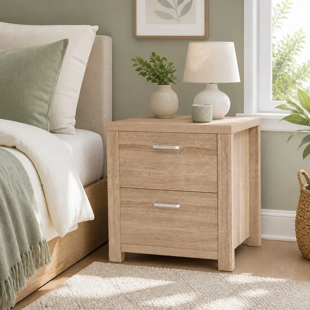Bedside Table Natural Wood 2 Drawers Storage Bedroom Nightstand 48cm x 39cm x 53cm