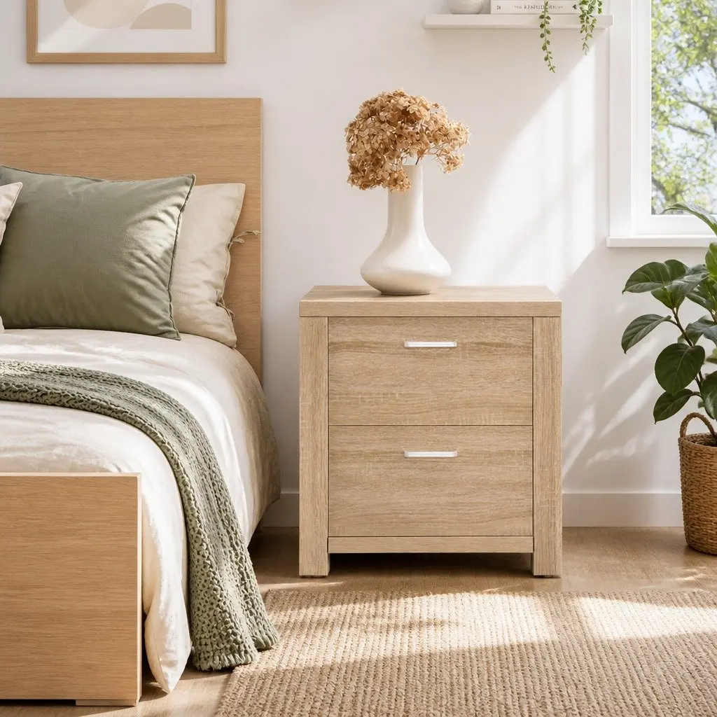 Natural Pine Bedside Table with 2 Drawers