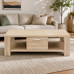Warm Oak Coffee Table with Drawer and Open Shelves