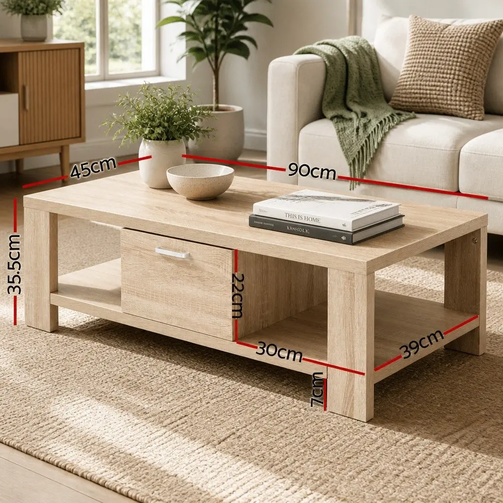 Coffee Table Oak Contemporary 90cm Honeycomb Board with Drawer Open Shelves