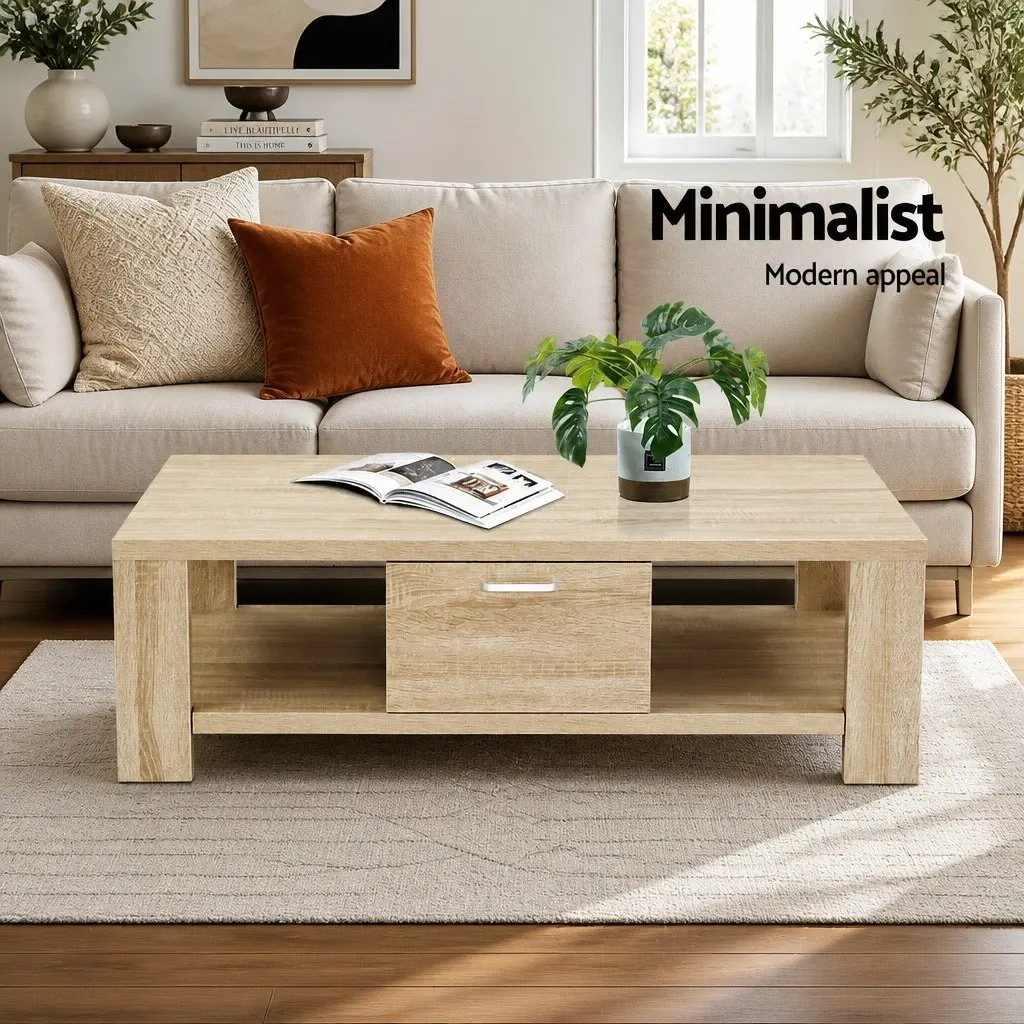 Coffee Table Oak Contemporary 90cm Honeycomb Board with Drawer Open Shelves