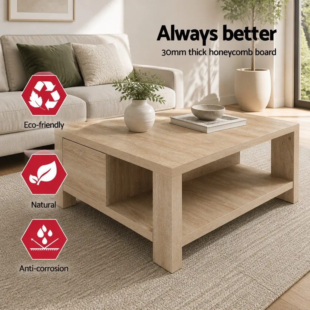 Coffee Table Oak Contemporary 90cm Honeycomb Board with Drawer Open Shelves