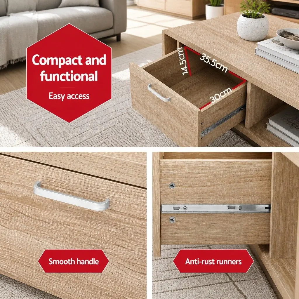 Coffee Table Oak Contemporary 90cm Honeycomb Board with Drawer Open Shelves