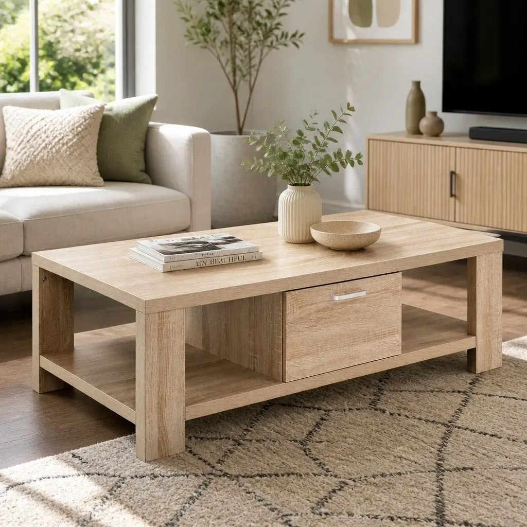 Coffee Table Oak Contemporary 90cm Honeycomb Board with Drawer Open Shelves