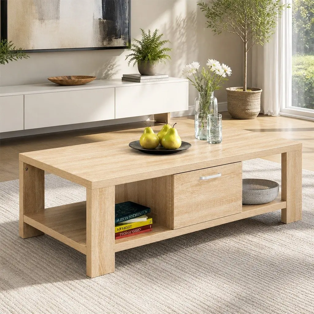 Coffee Table Oak Contemporary 90cm Honeycomb Board with Drawer Open Shelves