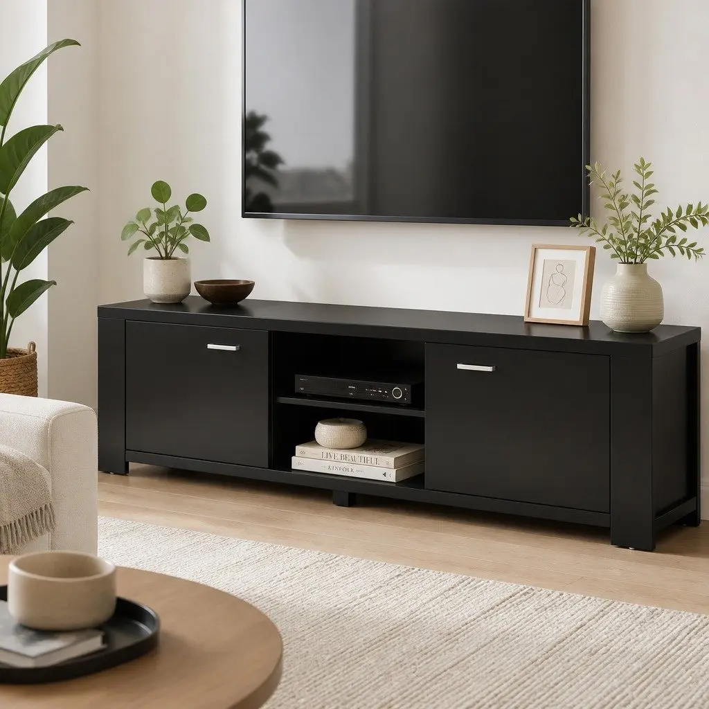 Black TV Cabinet Entertainment Unit 160cm Living Room Storage Shelves Doors