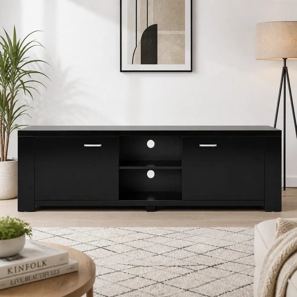 Black TV Cabinet Entertainment Unit 160cm Living Room Storage Shelves Doors