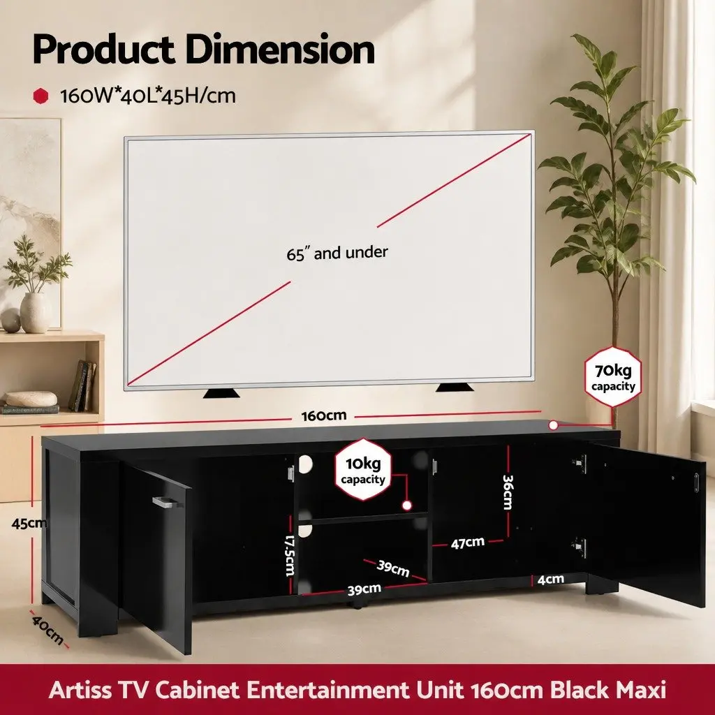 Black TV Cabinet Entertainment Unit 160cm Living Room Storage Shelves Doors