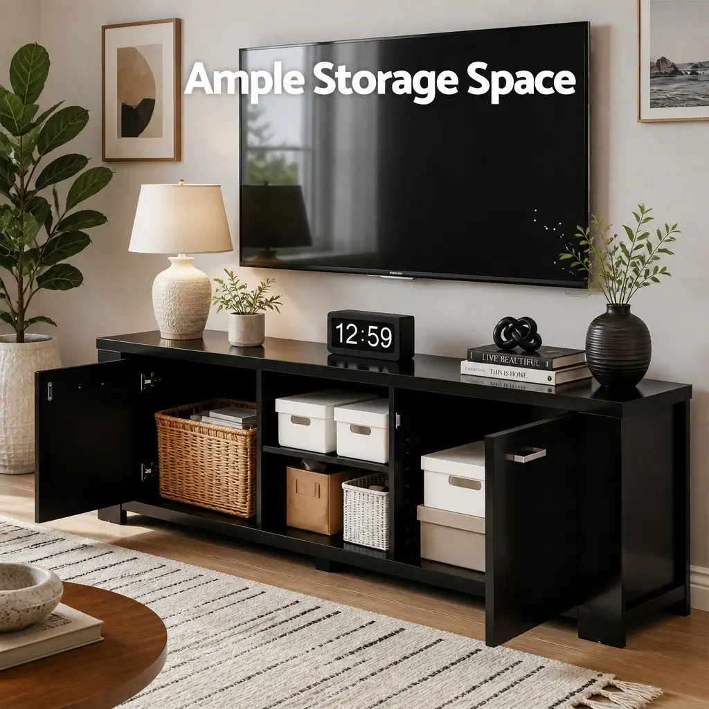 Black TV Cabinet Entertainment Unit 160cm Living Room Storage Shelves Doors