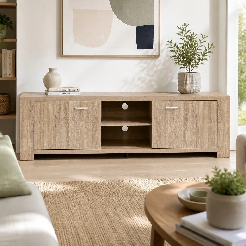 Oak Wood TV Entertainment Unit with Open Shelves 160cm