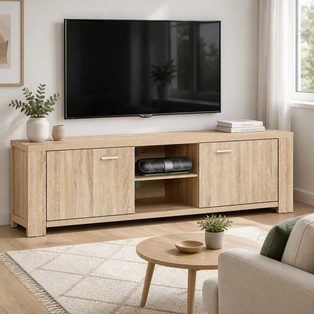 Oak Wood TV Entertainment Unit with Open Shelves 160cm