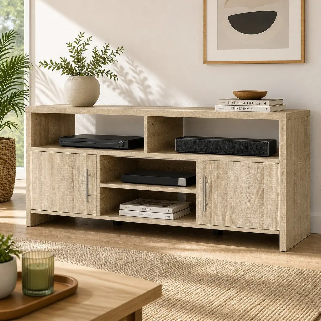 TV Unit Modern Oak 140cm Honeycomb Board with Open Shelves and Deep Cabinets