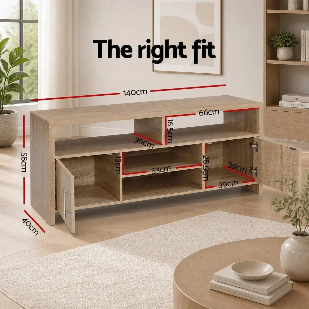 TV Unit Modern Oak 140cm Honeycomb Board with Open Shelves and Deep Cabinets