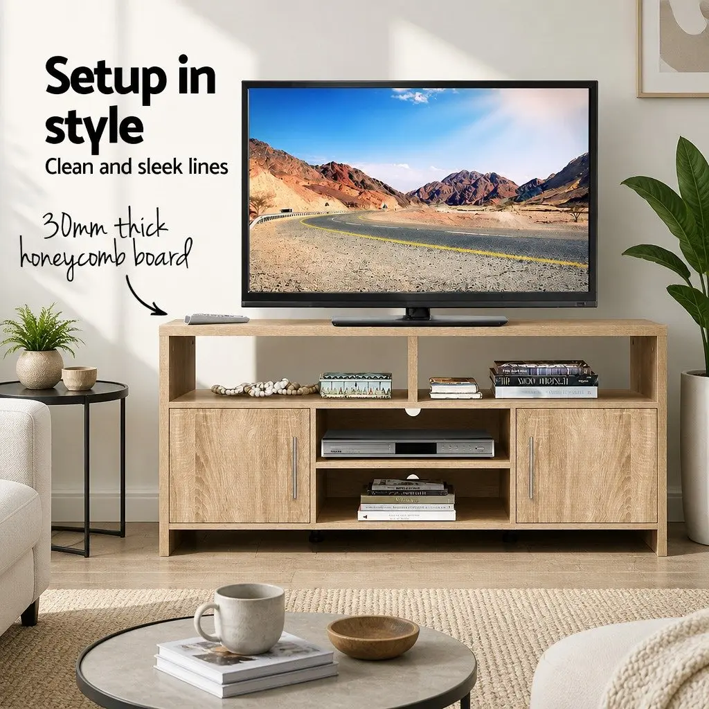 TV Unit Modern Oak 140cm Honeycomb Board with Open Shelves and Deep Cabinets