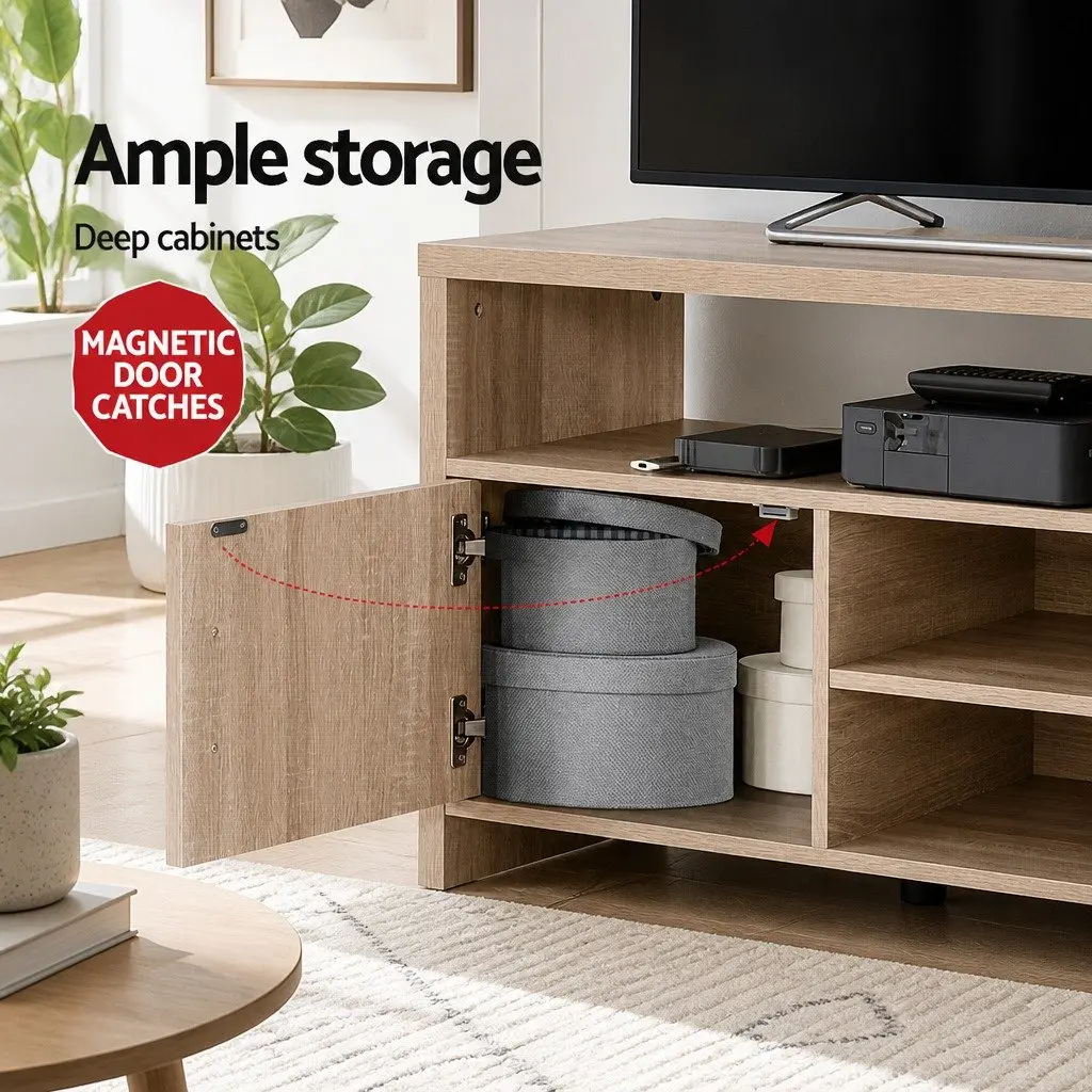 TV Unit Modern Oak 140cm Honeycomb Board with Open Shelves and Deep Cabinets