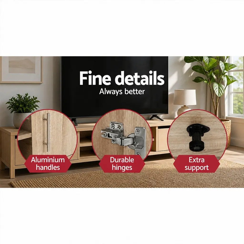 TV Unit Modern Oak 140cm Honeycomb Board with Open Shelves and Deep Cabinets