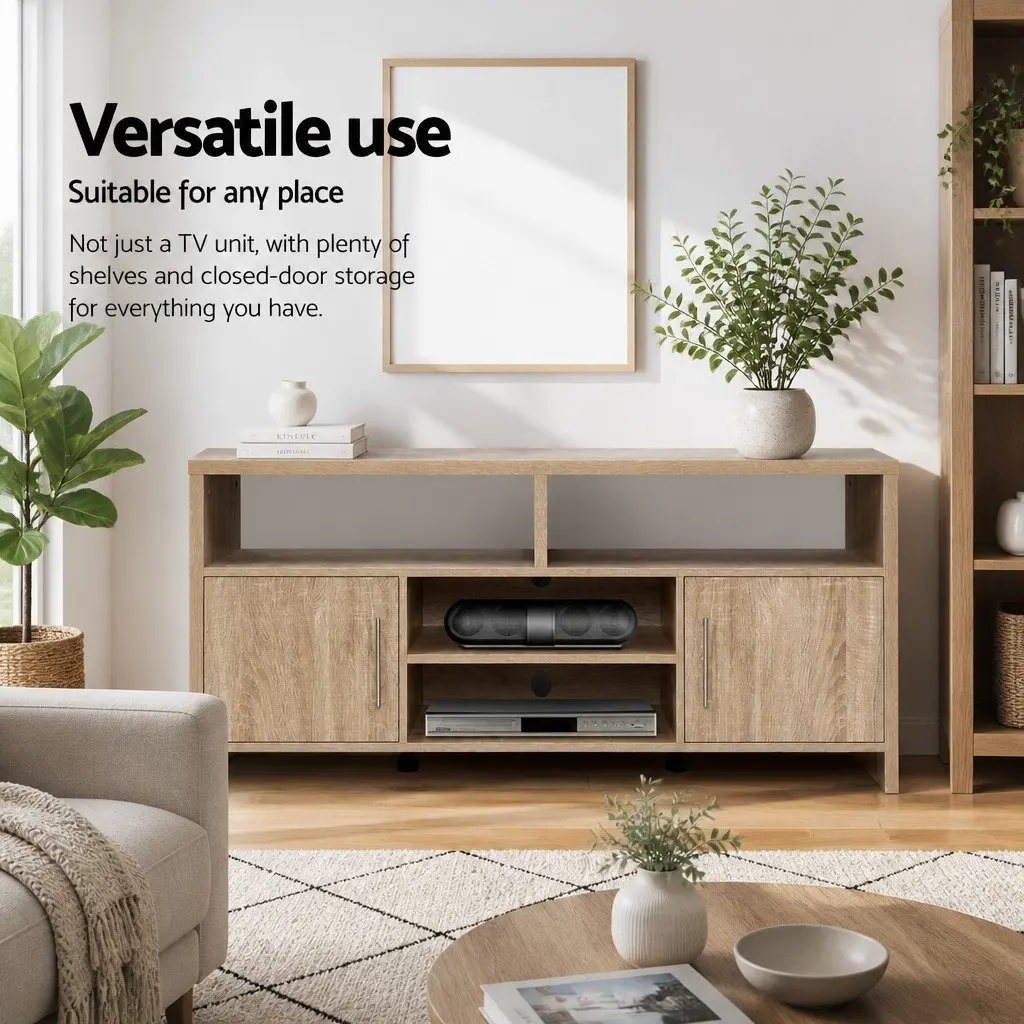 TV Unit Modern Oak 140cm Honeycomb Board with Open Shelves and Deep Cabinets