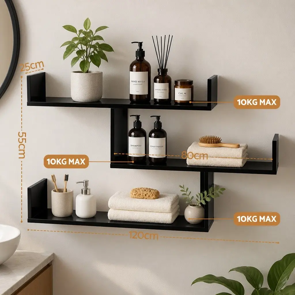Floating Wall Shelf Black 3 Tier Minimalist Particle Board