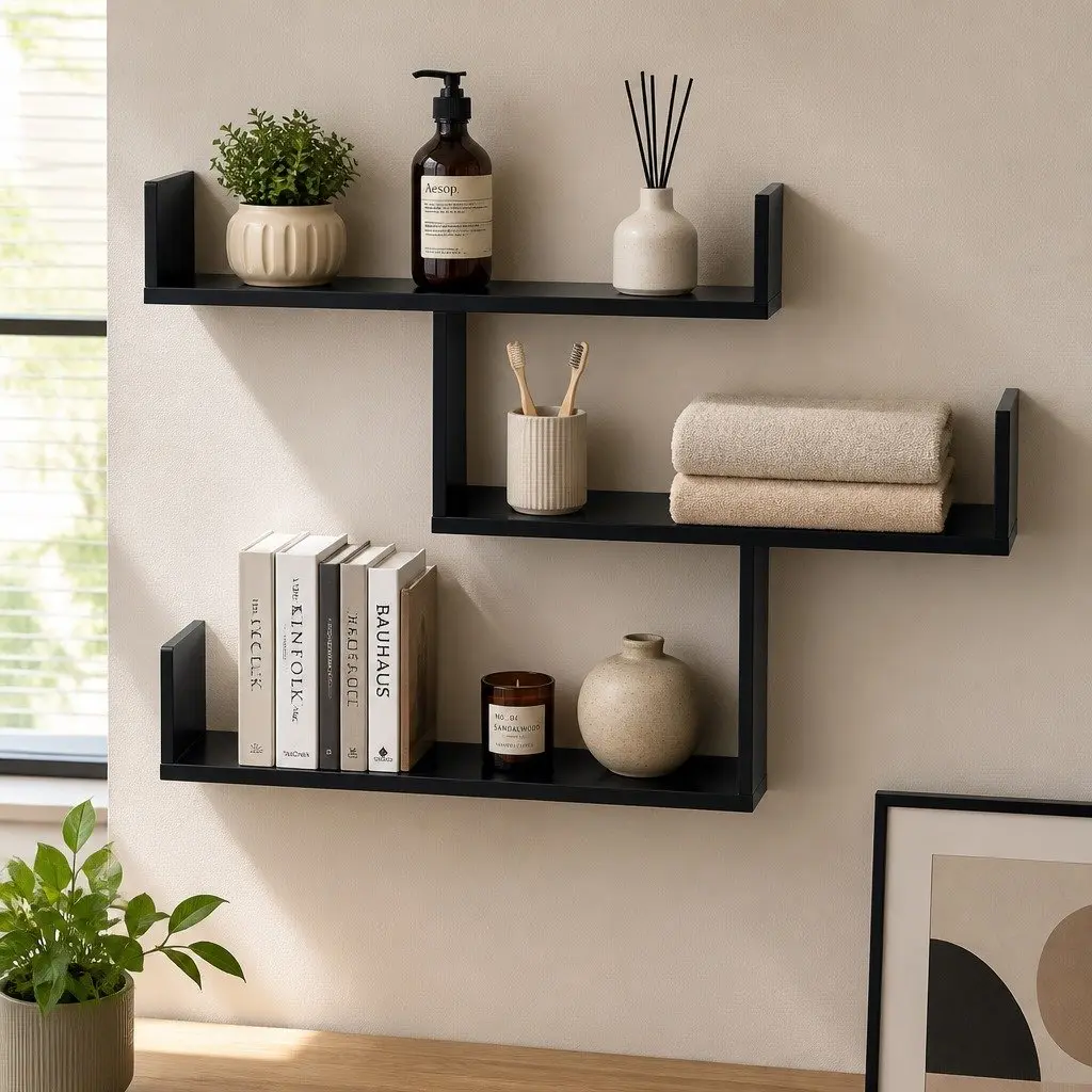 Floating Wall Shelf Black 3 Tier Minimalist Particle Board