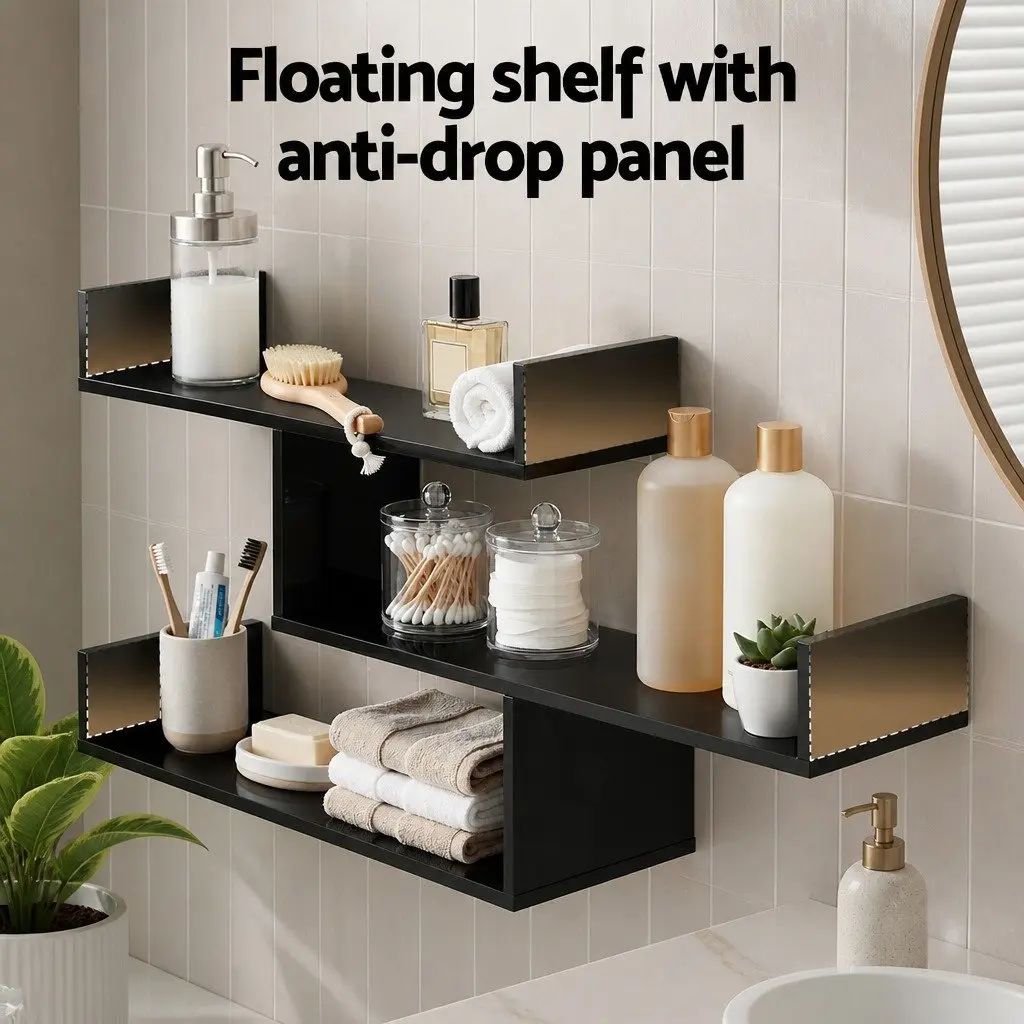 Floating Wall Shelf Black 3 Tier Minimalist Particle Board