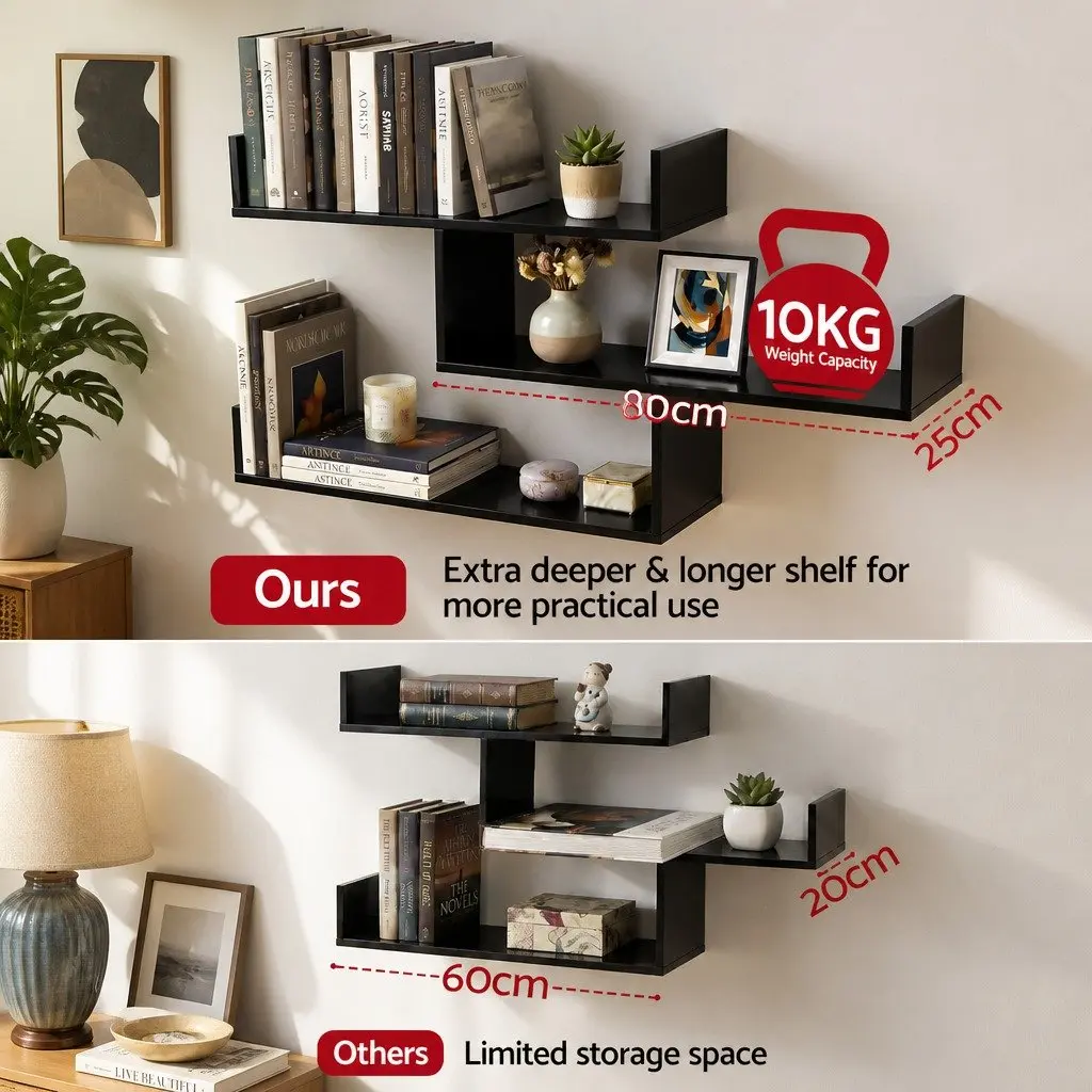 Floating Wall Shelf Black 3 Tier Minimalist Particle Board