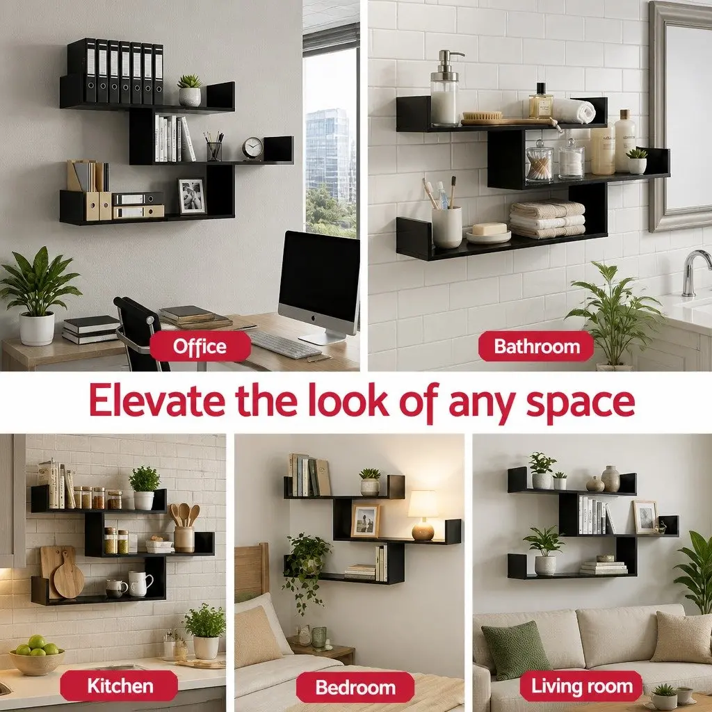 Floating Wall Shelf Black 3 Tier Minimalist Particle Board