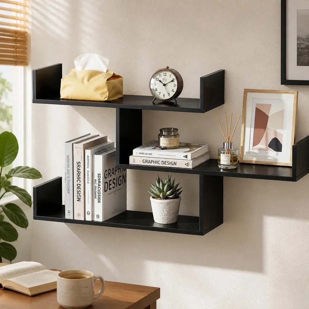 Floating Wall Shelf Black 3 Tier Minimalist Particle Board