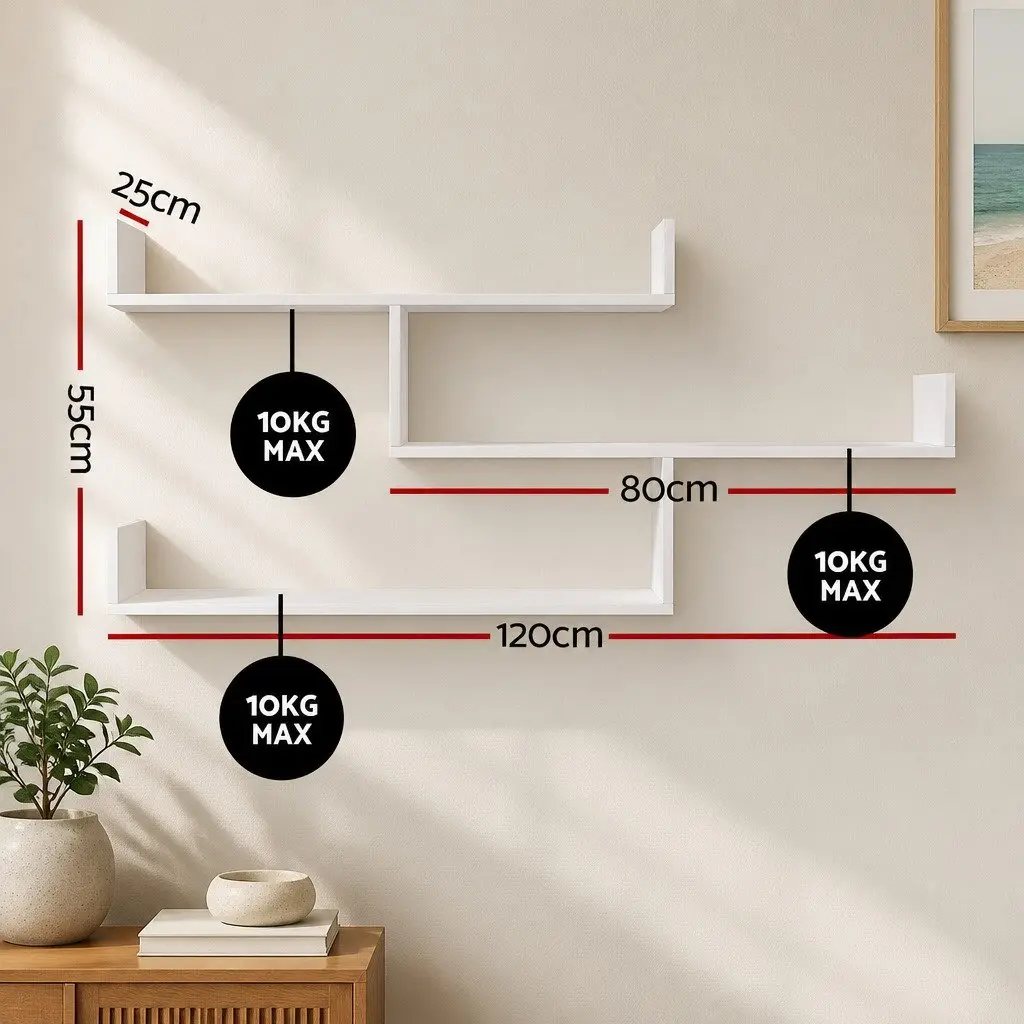 Floating Wall Shelf Minimalist 3 Tier White Particle Board for Home Living Room