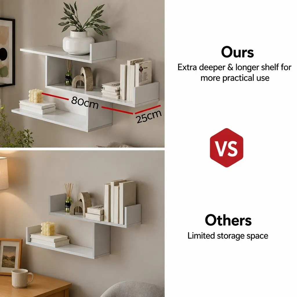 Floating Wall Shelf Minimalist 3 Tier White Particle Board for Home Living Room