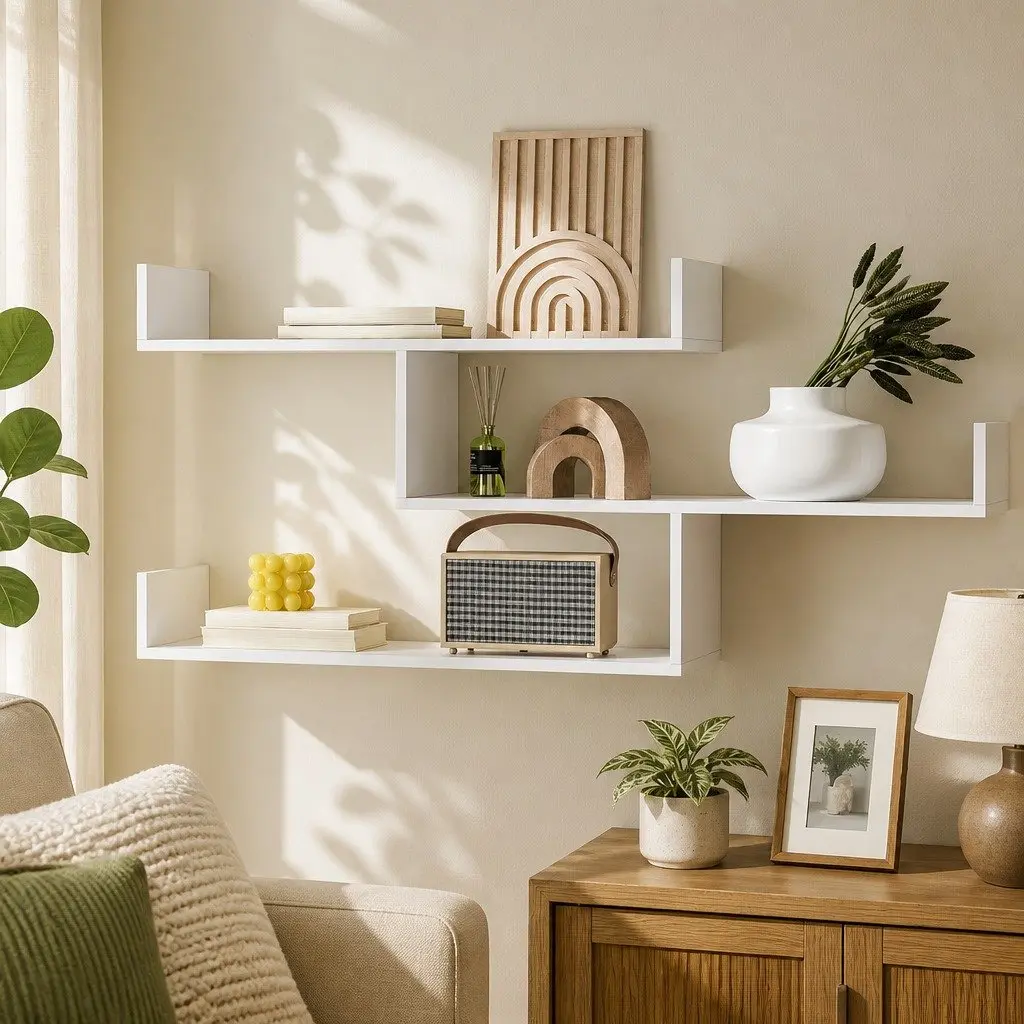 Floating Wall Shelf Minimalist 3 Tier White Particle Board for Home Living Room