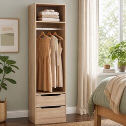 Pine Wardrobe Closet with 2 Drawers and Open Shelf