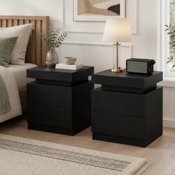 Bedside Table 2 Drawers Lift-up Storage Black Contemporary Bedroom Furniture