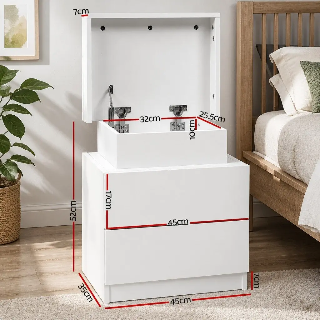 Bedside Table White 2 Drawers Lift-up Storage Compartment Melamine 45cm W x 35cm D x 52cm H