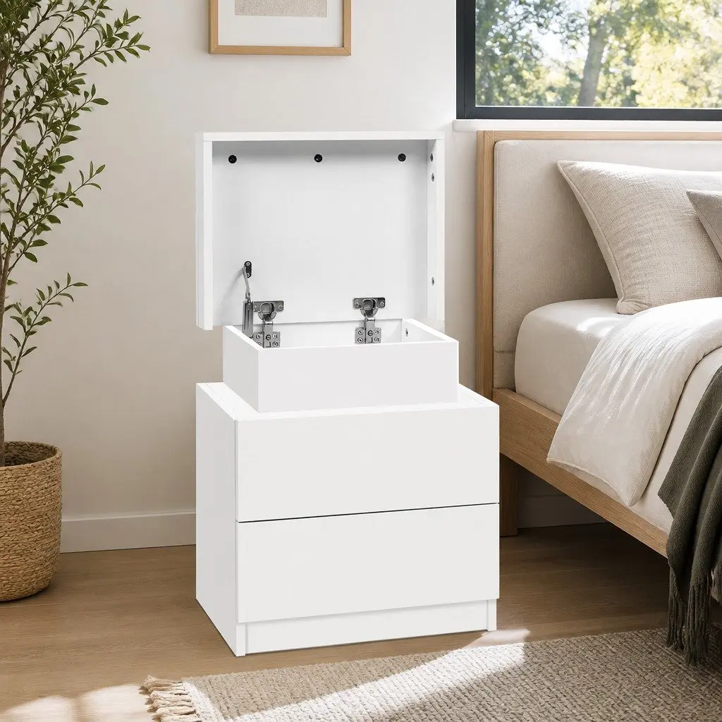 Bedside Table White 2 Drawers Lift-up Storage Compartment Melamine 45cm W x 35cm D x 52cm H