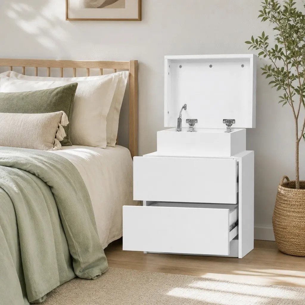 Bedside Table White 2 Drawers Lift-up Storage Compartment Melamine 45cm W x 35cm D x 52cm H