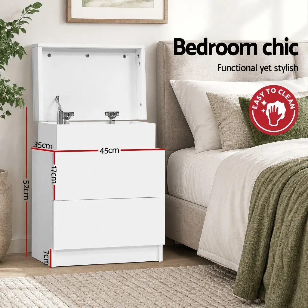 Bedside Table White 2 Drawers Lift-up Storage Compartment Melamine 45cm W x 35cm D x 52cm H