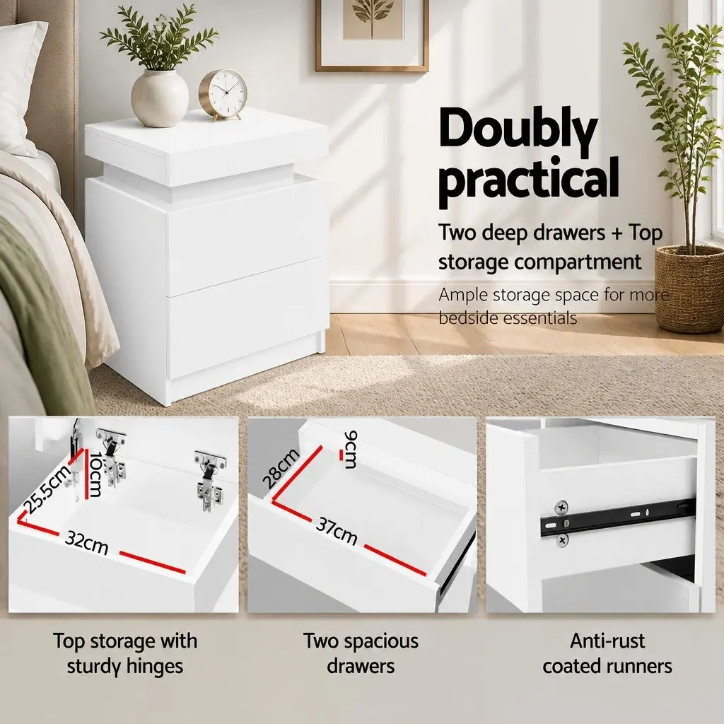 Bedside Table White 2 Drawers Lift-up Storage Compartment Melamine 45cm W x 35cm D x 52cm H