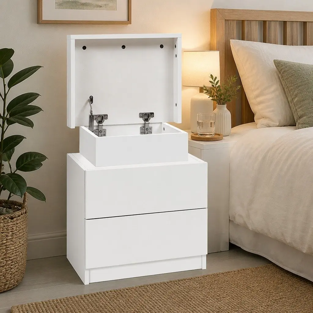 White Bedside Table with Lift-up Storage