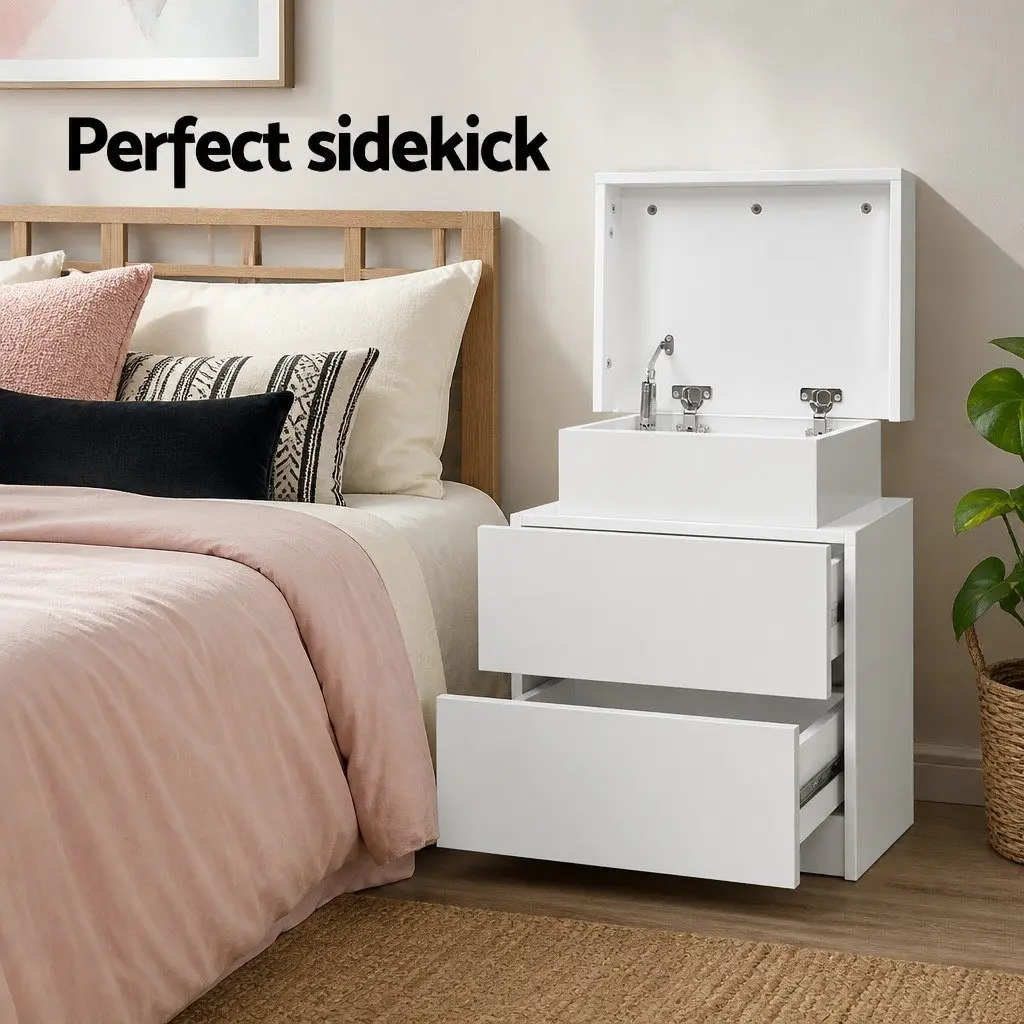 White Bedside Table with Lift-up Storage