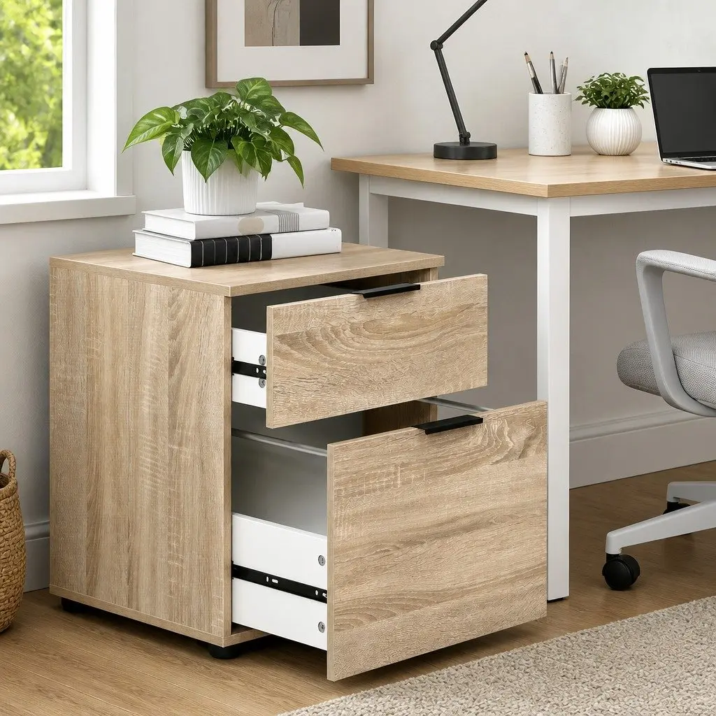 Filing Cabinet 2 Drawer Beige Particle Board Office Storage Organiser