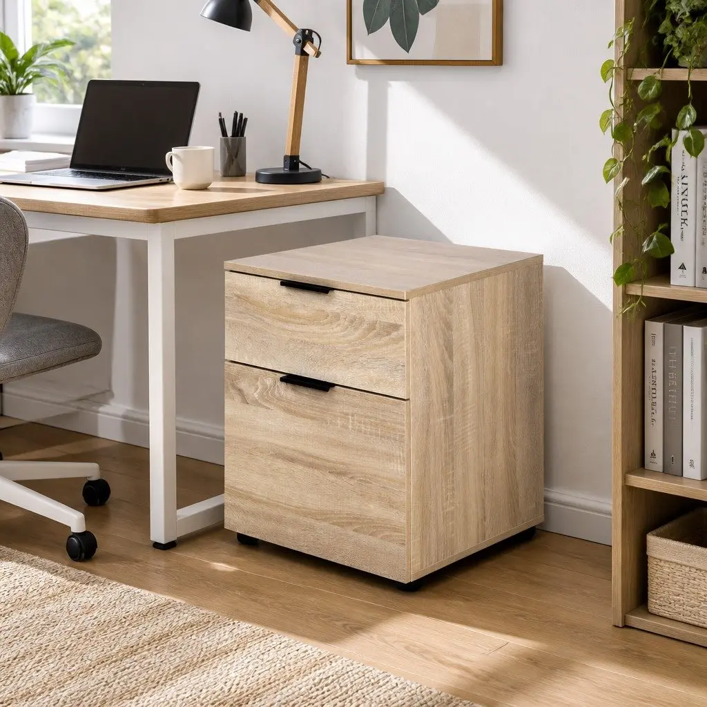 Filing Cabinet 2 Drawer Beige Particle Board Office Storage Organiser