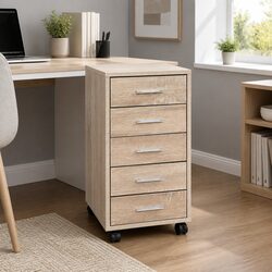 Beige Wood Tone 5-Drawer Mobile Filing Cabinet