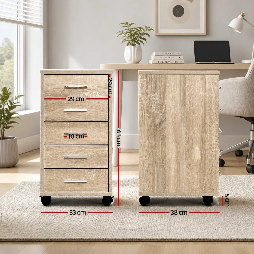 Mobile Filing Cabinet 5 Drawer Home Office Storage Organiser Beige Wood Tone