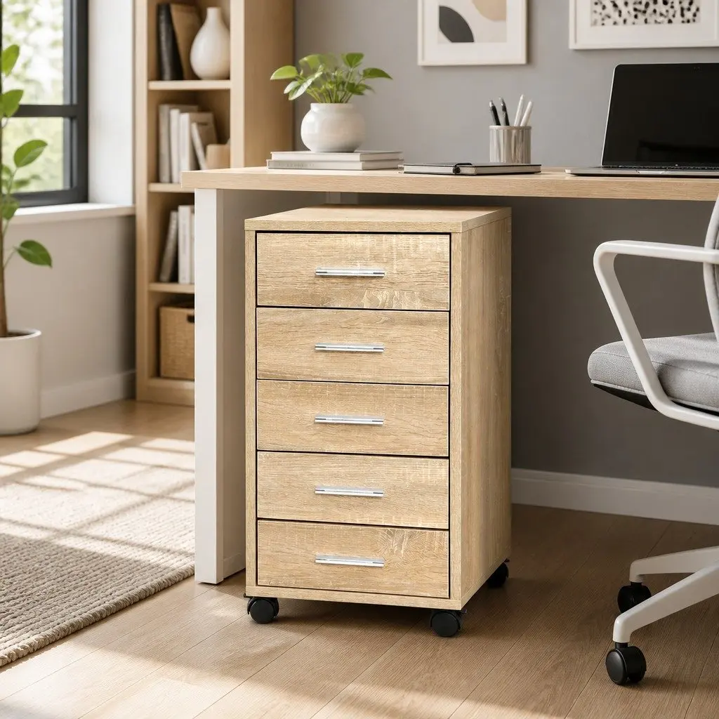 Mobile Filing Cabinet 5 Drawer Home Office Storage Organiser Beige Wood Tone