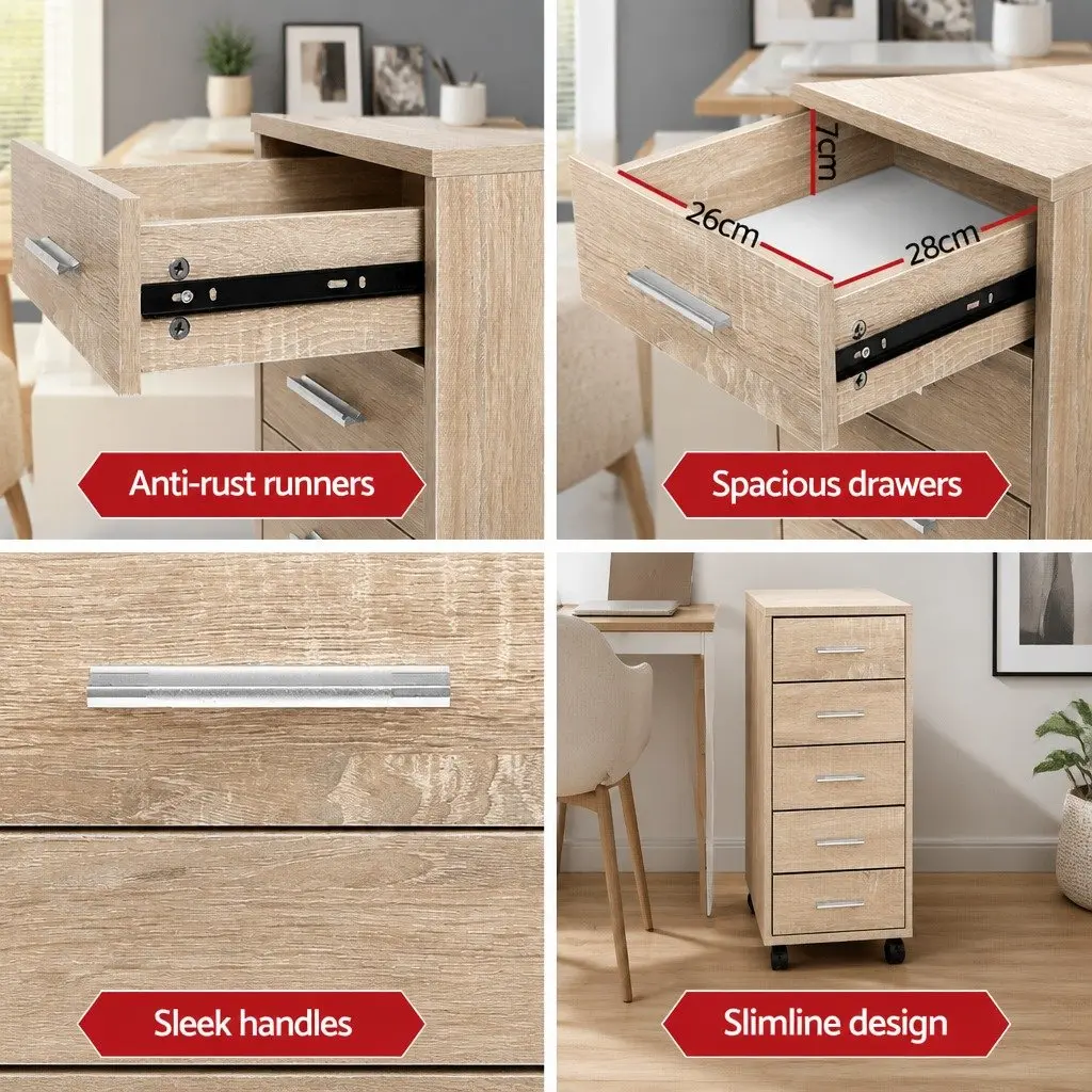 Mobile Filing Cabinet 5 Drawer Home Office Storage Organiser Beige Wood Tone