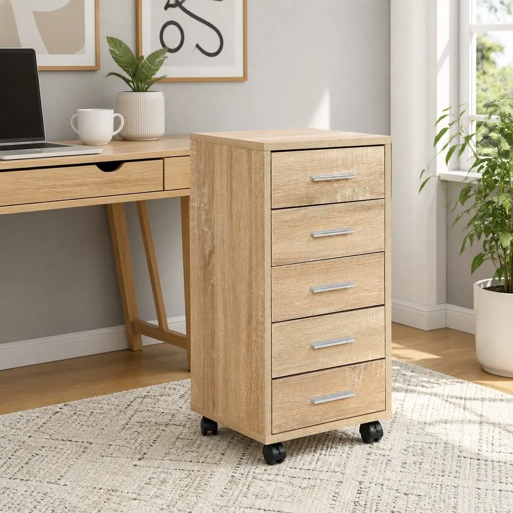 Mobile Filing Cabinet 5 Drawer Home Office Storage Organiser Beige Wood Tone