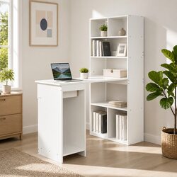 White Computer Desk with 5-Tier Bookshelf Storage 120cm