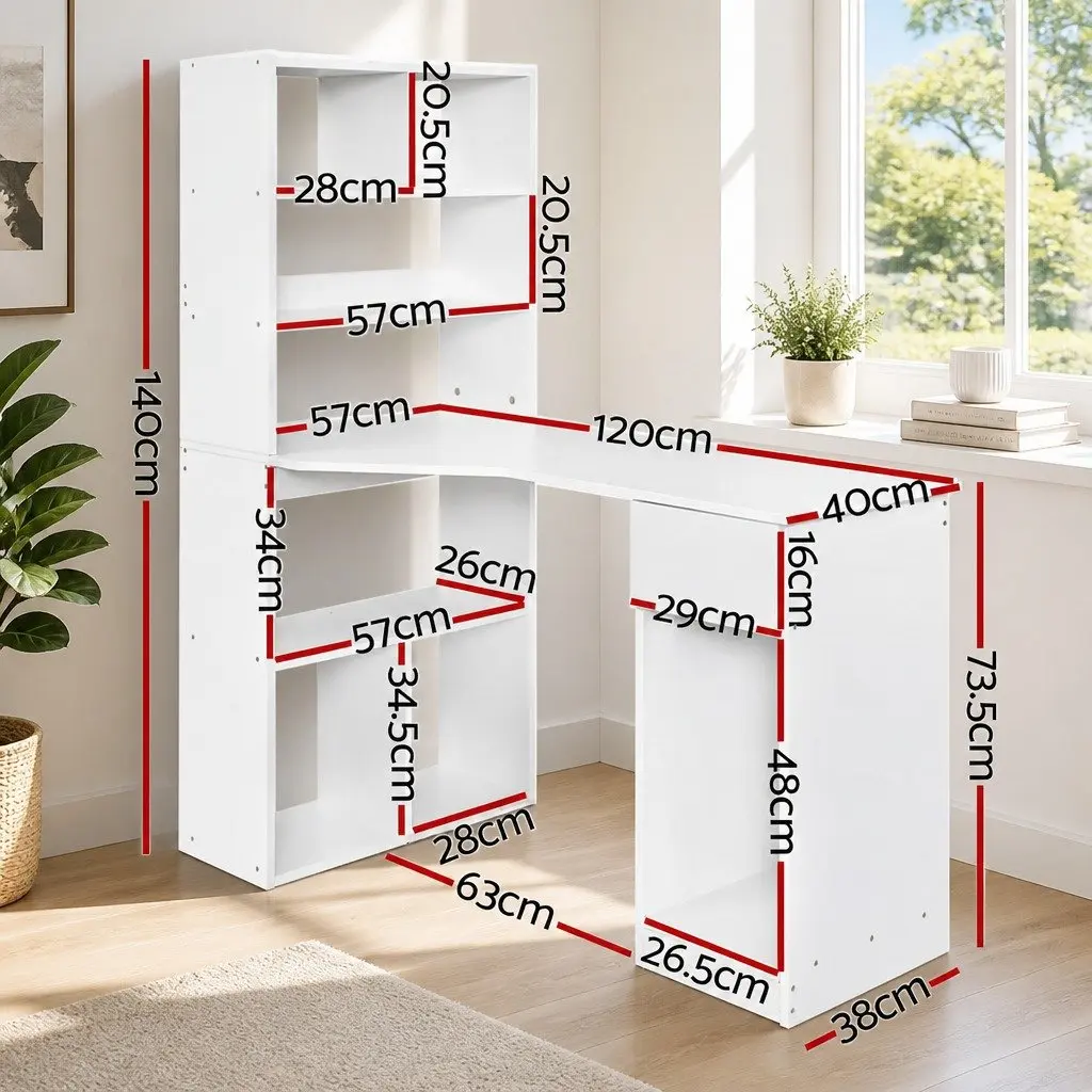 White Computer Desk with 5-Tier Bookshelf Storage 120cm