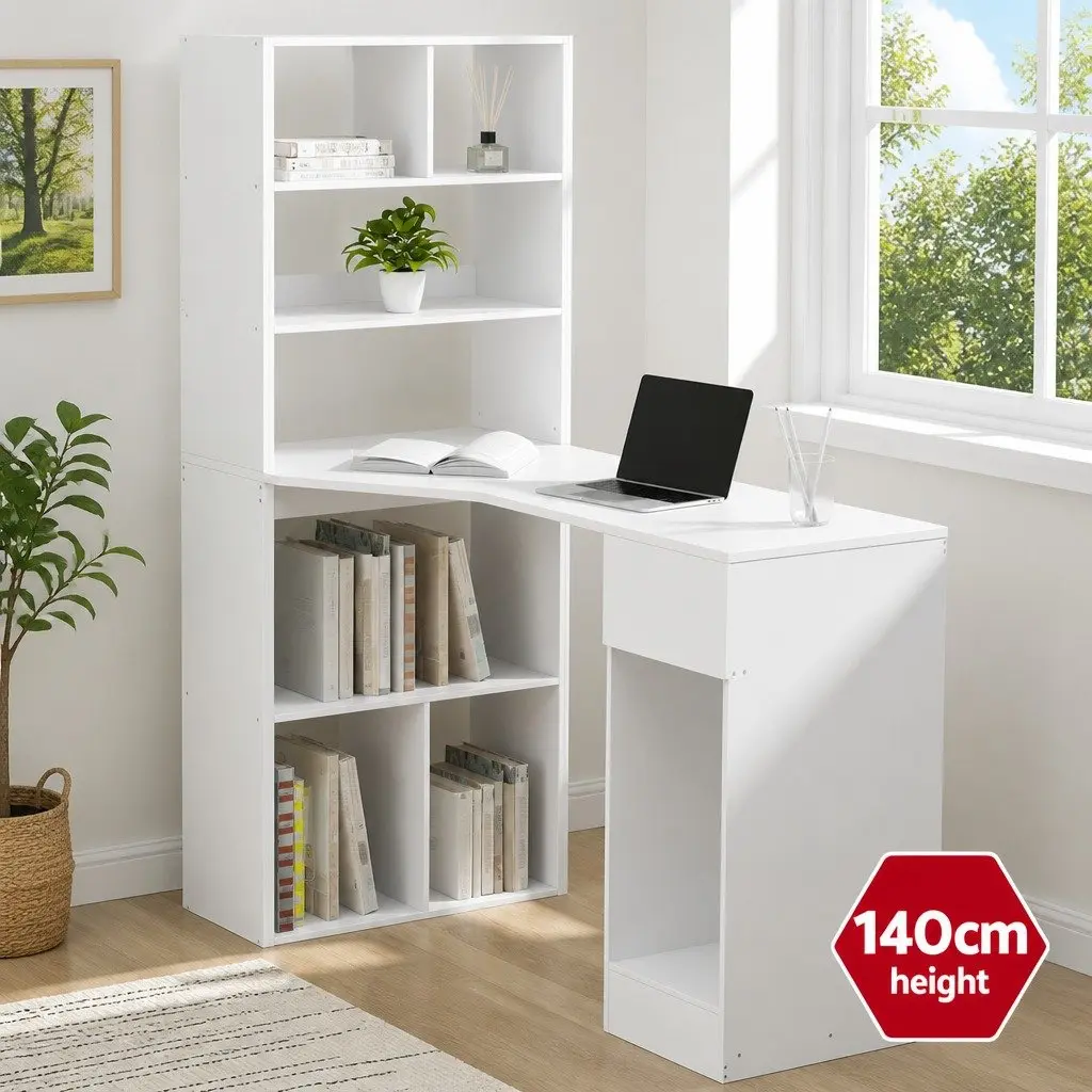 White Computer Desk with 5-Tier Bookshelf Storage 120cm