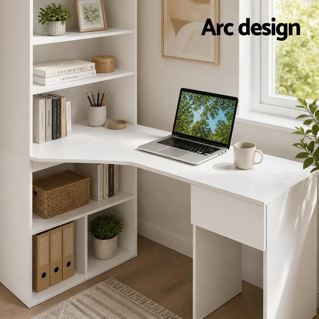 White Computer Desk with 5-Tier Bookshelf Storage 120cm